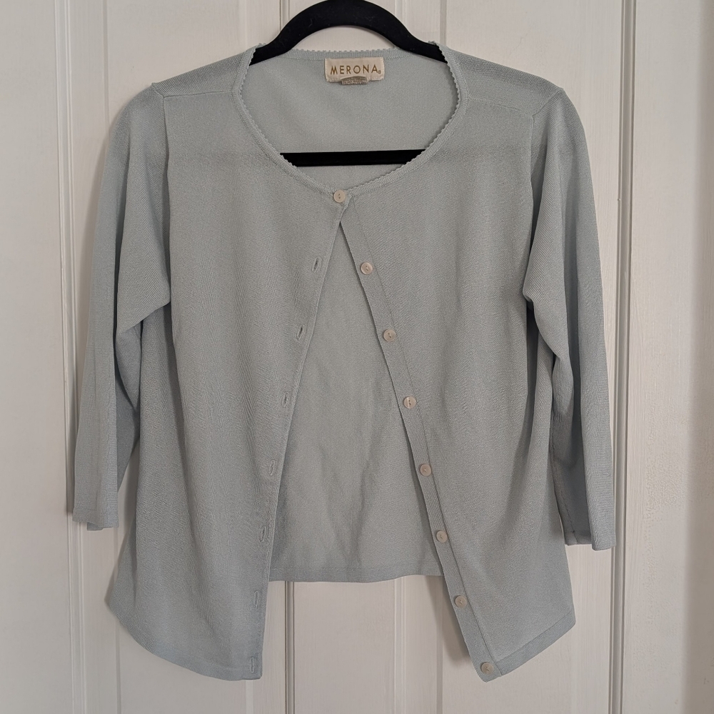 Vintage Merona Womens Preppy Cardigan MEDIUM Retro Stretch 3/4 Sleeve Light Blue